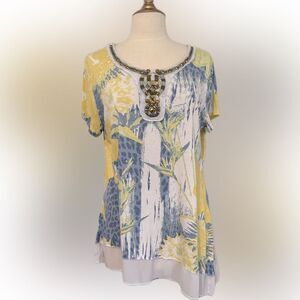 Beautiful blue & yellow Multiples jeweled floral top!